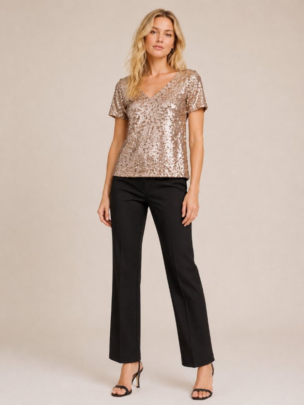 Socialite Sequin V-Neck Top Short Sleeve Champagne Small #A3113